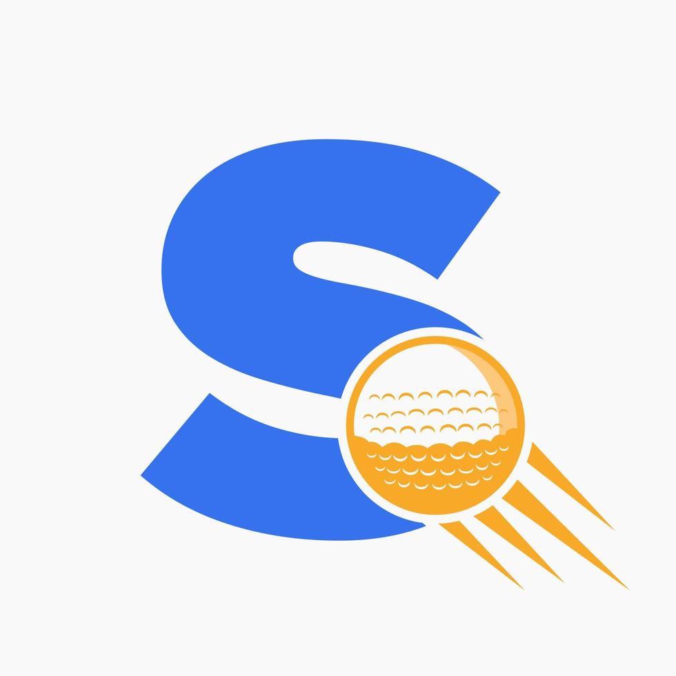 concepto de logotipo de golf de letra s con icono de pelota de golf en movimiento. plantilla de vector de símbolo de logotipo de deportes de hockey