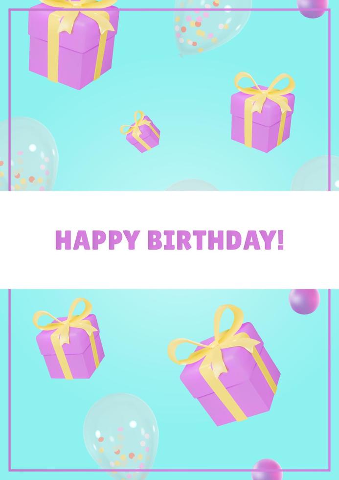 cajas de regalo realistas y cartel de cumpleaños de globos rellenos transparentes vector