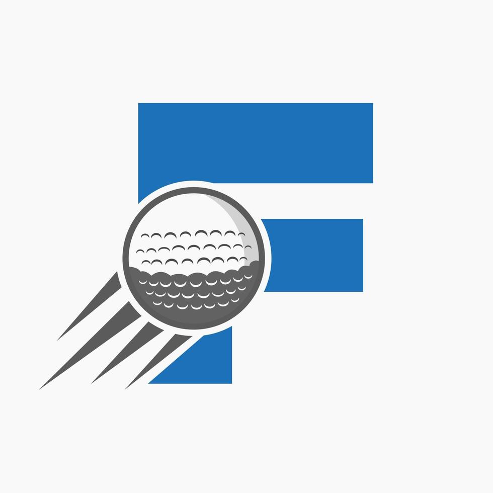 concepto de logotipo de golf con letra f con icono de pelota de golf en movimiento. plantilla de vector de símbolo de logotipo de deportes de hockey