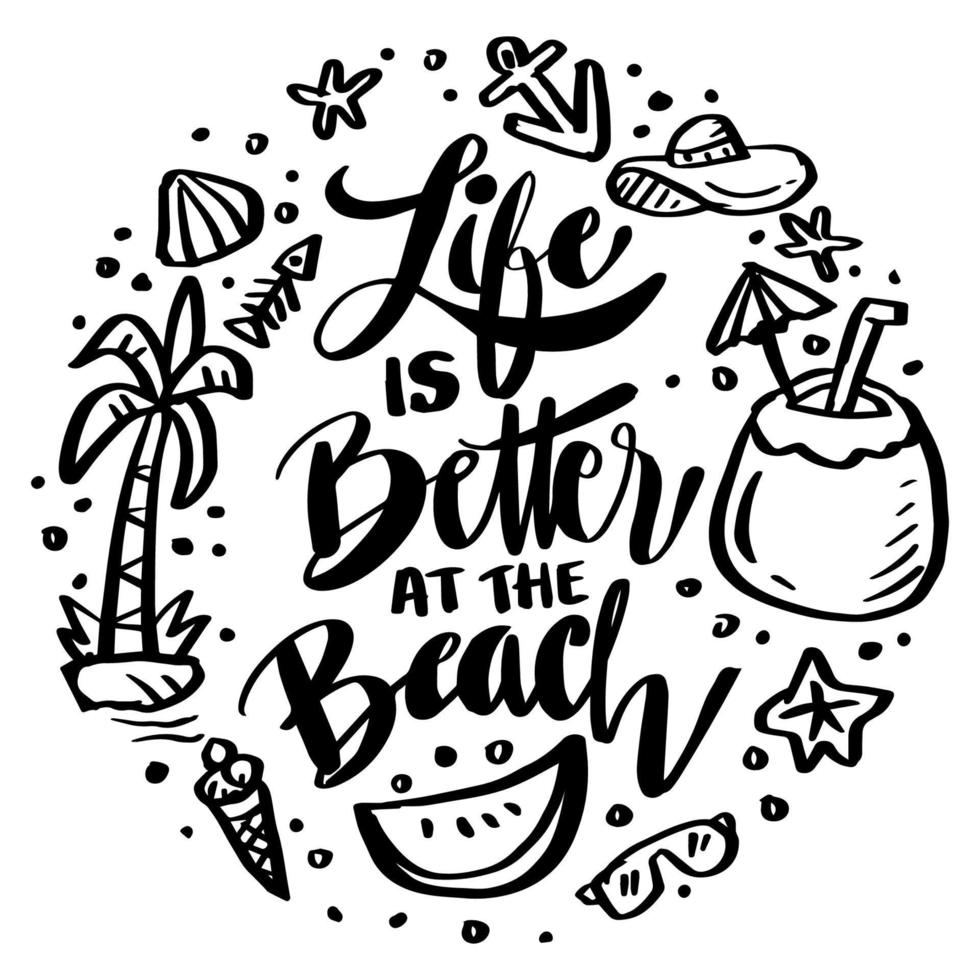 Life is better at the beach, hand lettering. vector