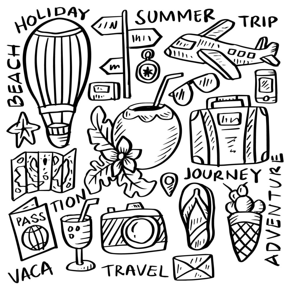 conjunto de símbolos de viaje de doodle de dibujo a mano turismo. vector