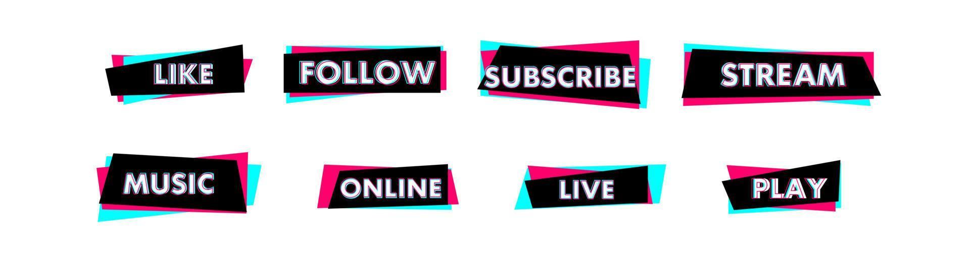 conjunto de pegatinas para una popular red social. pegatina negra - azul - rosa sobre fondo blanco. diseño moderno de publicidad en redes sociales. ilustración vectorial vector
