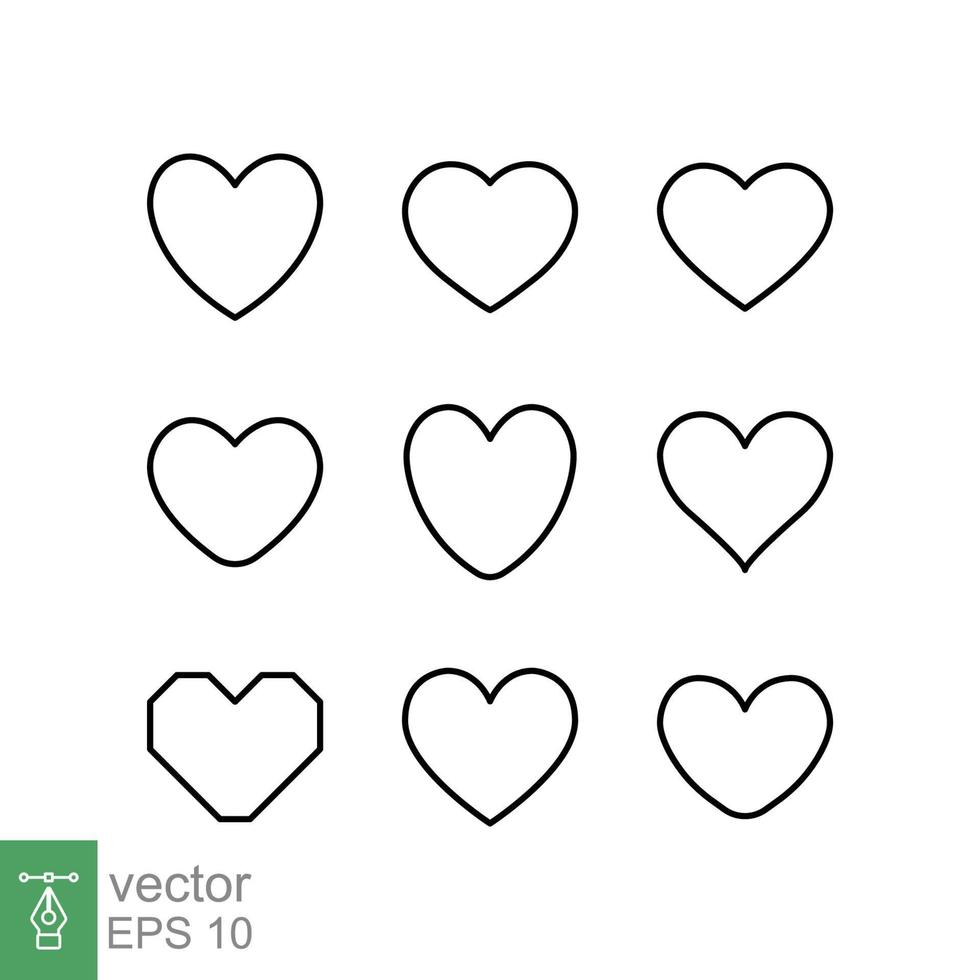 conjunto de iconos de corazón. estilo de esquema simple. logo de amor, sentimiento, romance, decoración de maleza, como, concepto de emoción. símbolo de línea delgada negra. diseño de ilustración vectorial aislado sobre fondo blanco. eps 10. vector