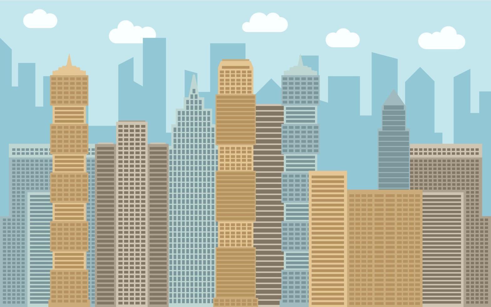 Vector urban landscape illustration. Street view with cityscape, skyscrapers and modern buildings at sunny day. City space in flat style background concept.