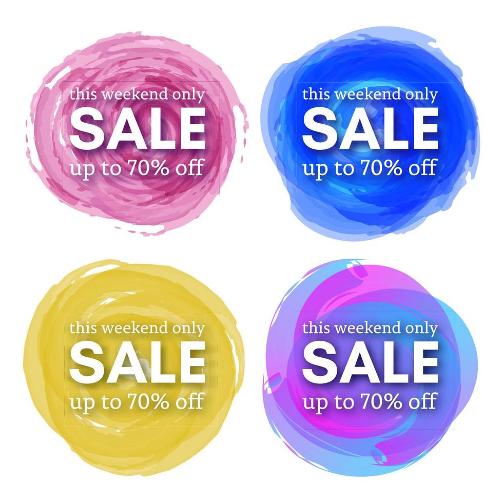 Set of Four Sale this weekend only up to 70 off sign with shadow over red watercolor spot. Vector illustration.