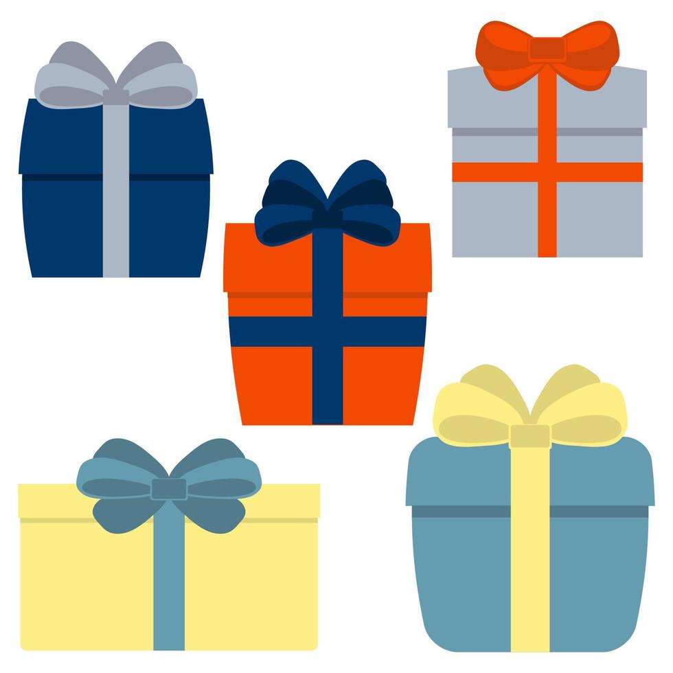 Collection of five multi colored gift boxes. Vector illustration