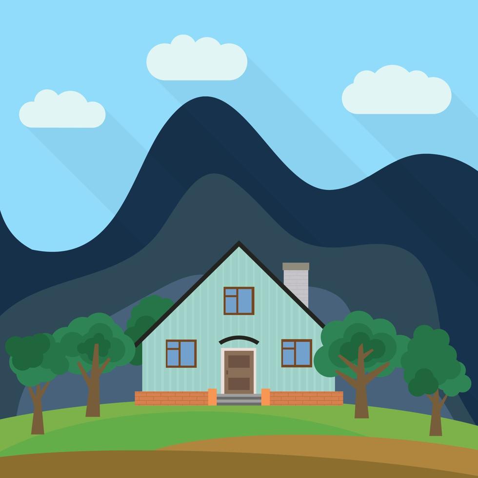 Lone two-storey house in the background of a mountain with green trees. Vector illustration.