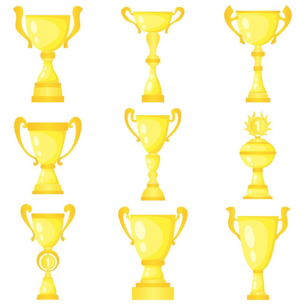 Set of nine vector trophy champion cups in gold. Championship prizes for first place. Victory symbols isolated on white background.