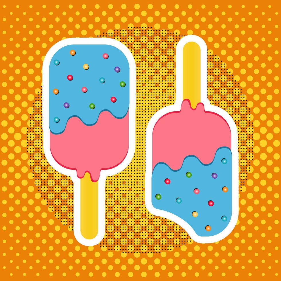Pop Art Ice Cream Dessert on a Wooden Stick. Ice Cream on a Yellow Vintage Background vector