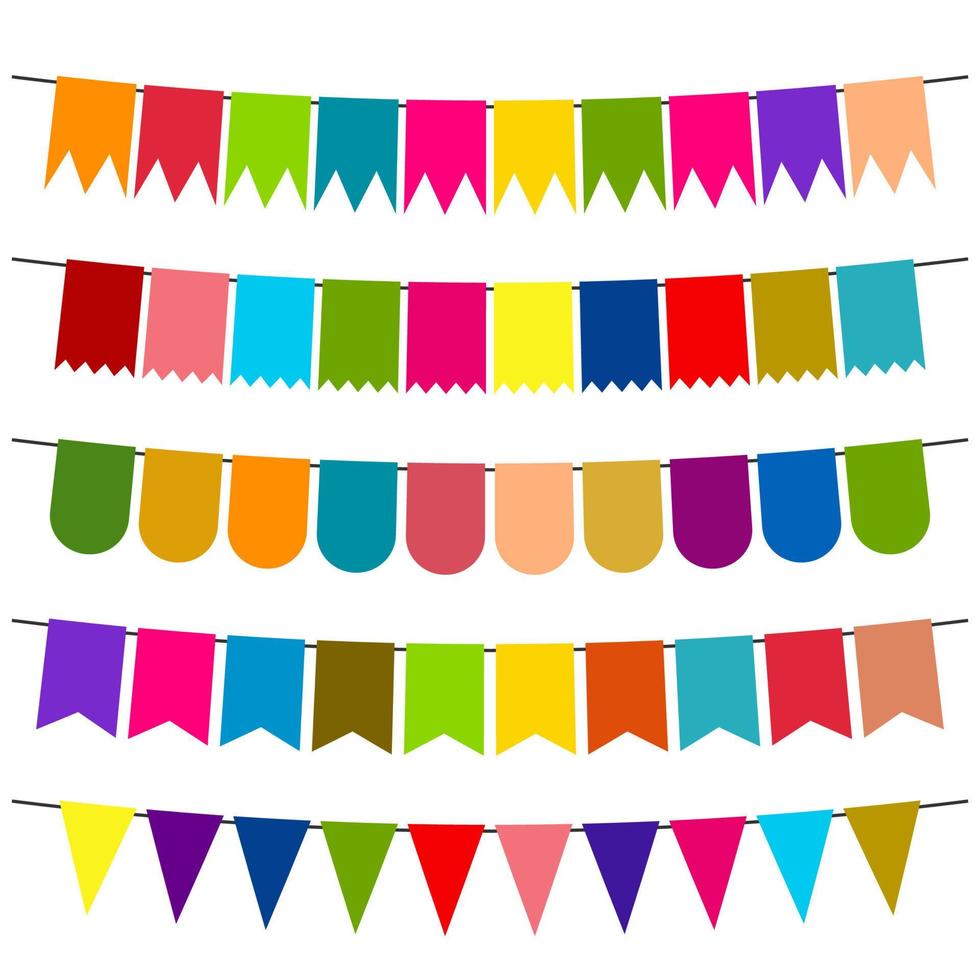 Colorful flags and bunting garlands for decoration. Decor elements with various patterns. Vector illustration