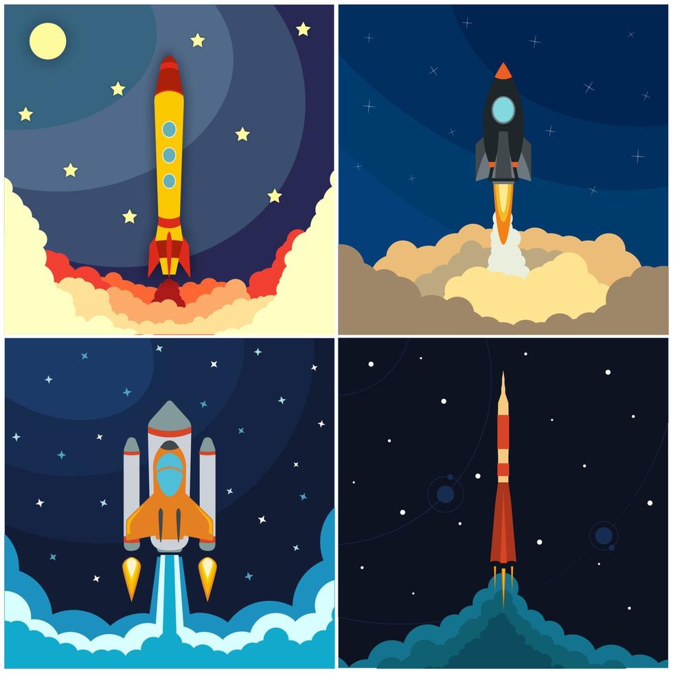 Set of space rocket launch. Vector illustration with flying rocket. Space travel. Project development. Creative idea.