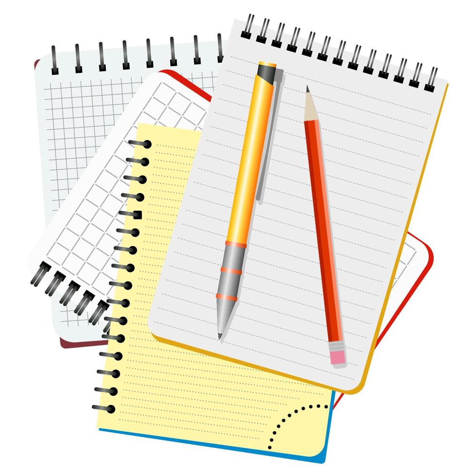 Four notebooks, yellow pen and red pencil on a white background vector