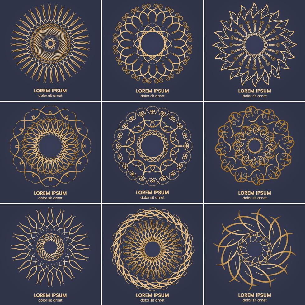 Set of nine vintage geometric circular elements. Vector gold monogram on dark blue background. Vector illustration