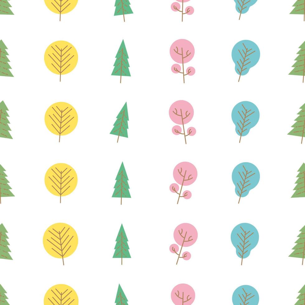 Seamless pattern with colored trees on white background. Vector illustration.