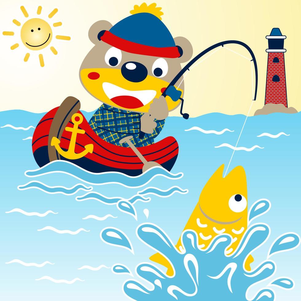 Cute bear in fishing, lighthouse in the sea, smiling sun, vector cartoon illustration
