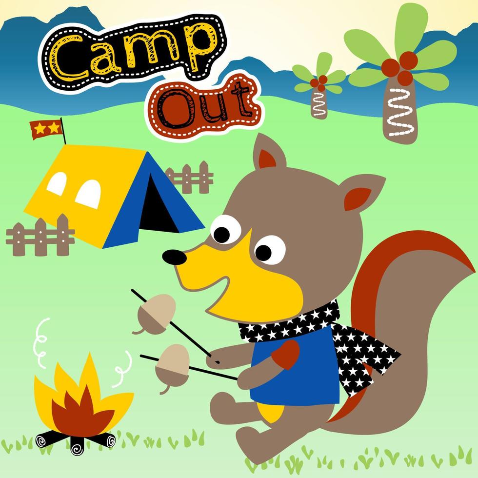 Funny fox roasting hazelnut in camping ground , vector cartoon illustration