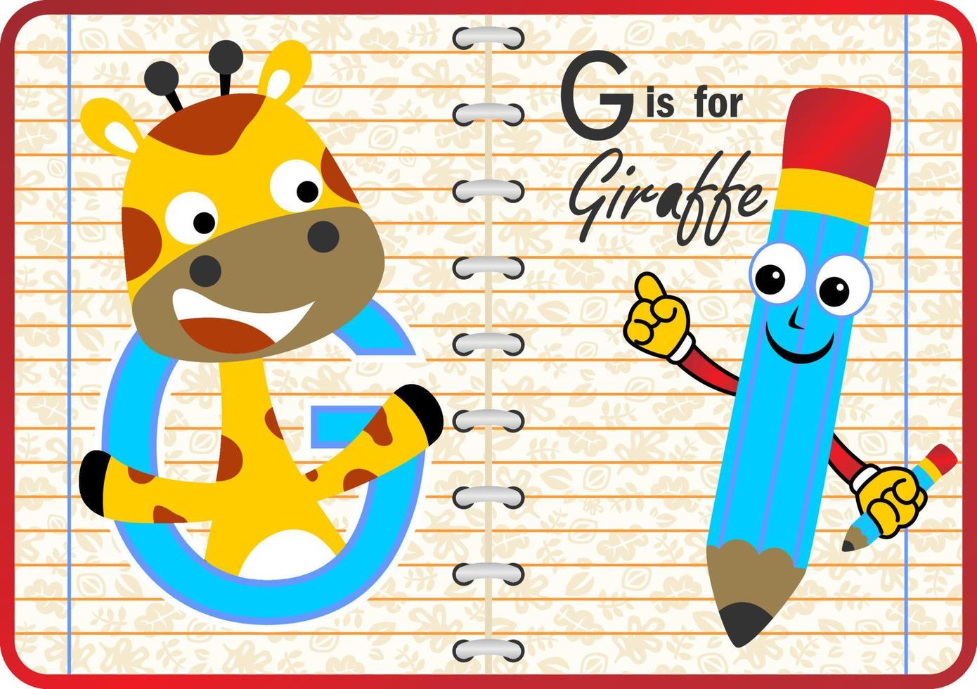 Cute giraffe with funny pencil on note book background, vector cartoon illustration