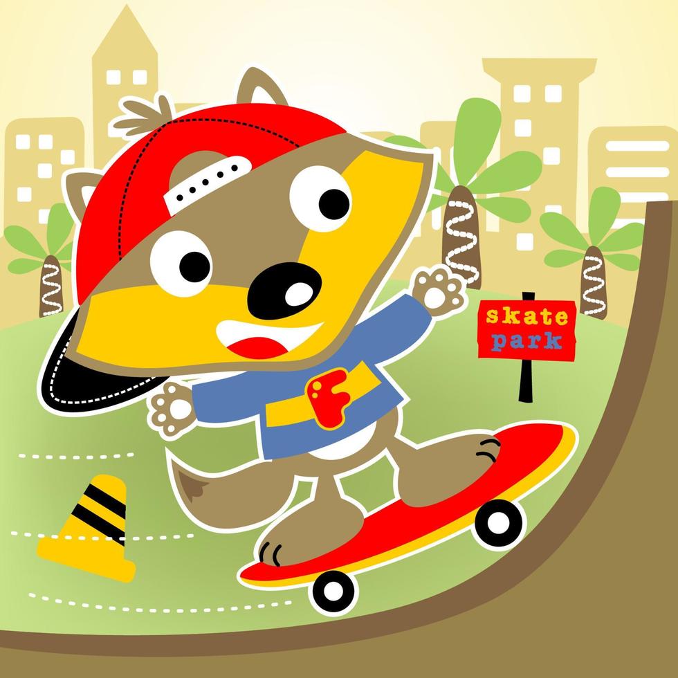 little fox playing skateboard in skate park on buildings background, vector cartoon illustration