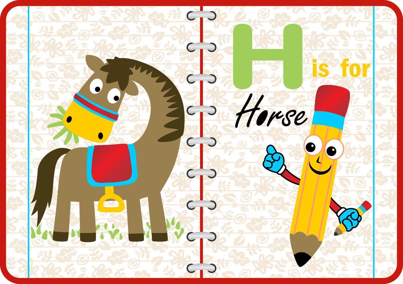 Funny horse with smiling pencil on note book background, vector cartoon illustration