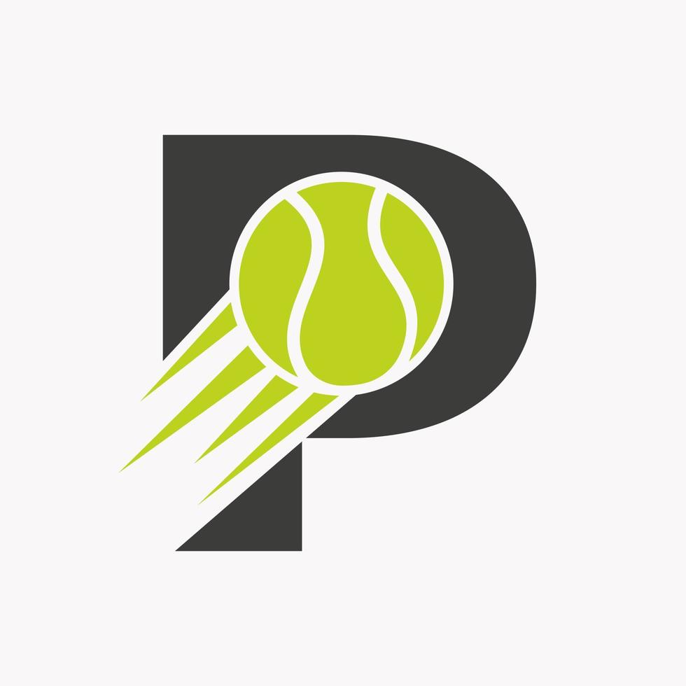 letra inicial p concepto de logotipo de tenis con icono de pelota de tenis en movimiento. tenis deportes logotipo símbolo vector plantilla