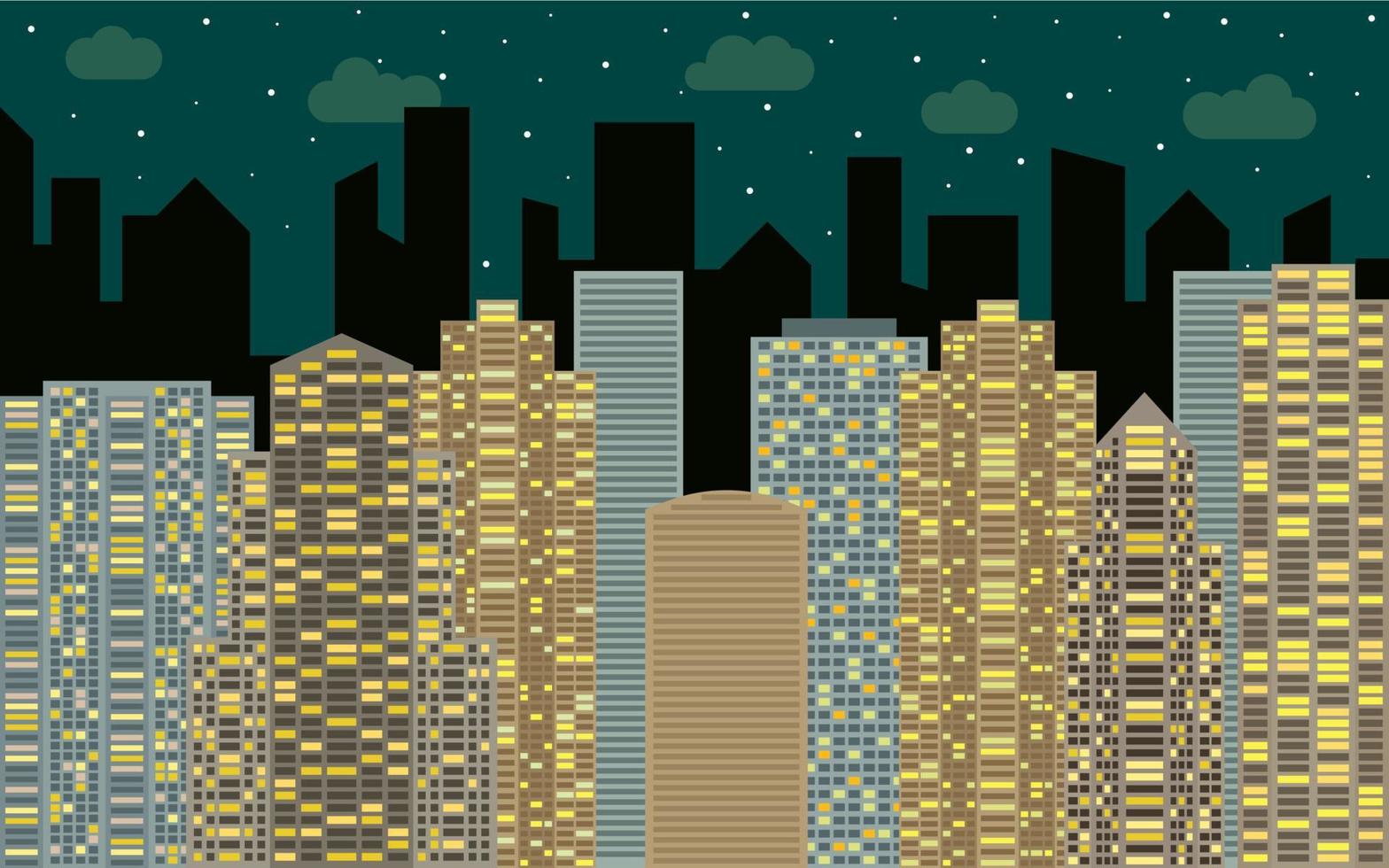 Night urban landscape. Street view with cityscape, skyscrapers and modern buildings at sunny day. City space in flat style background concept. vector
