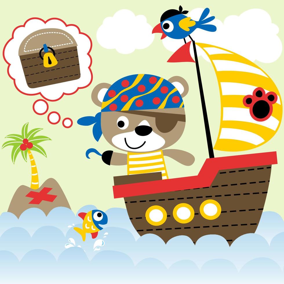 lindo oso con loro disfrazado de pirata en velero, elemento de navegación pirata, ilustración de dibujos animados vectoriales vector