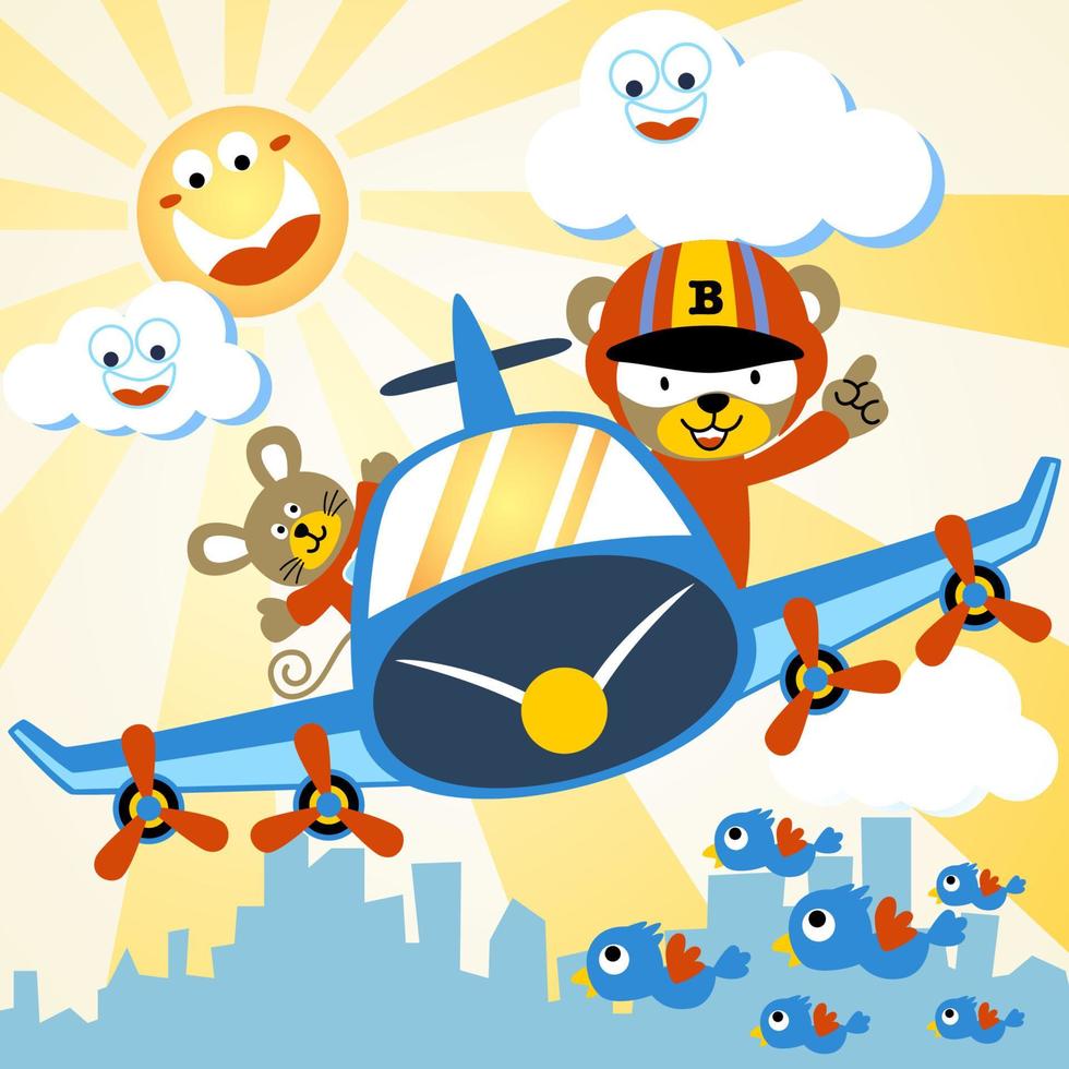 Vector cartoon of funny bear and mice on airplane, group of birds flying on buildings background, smiling skies object