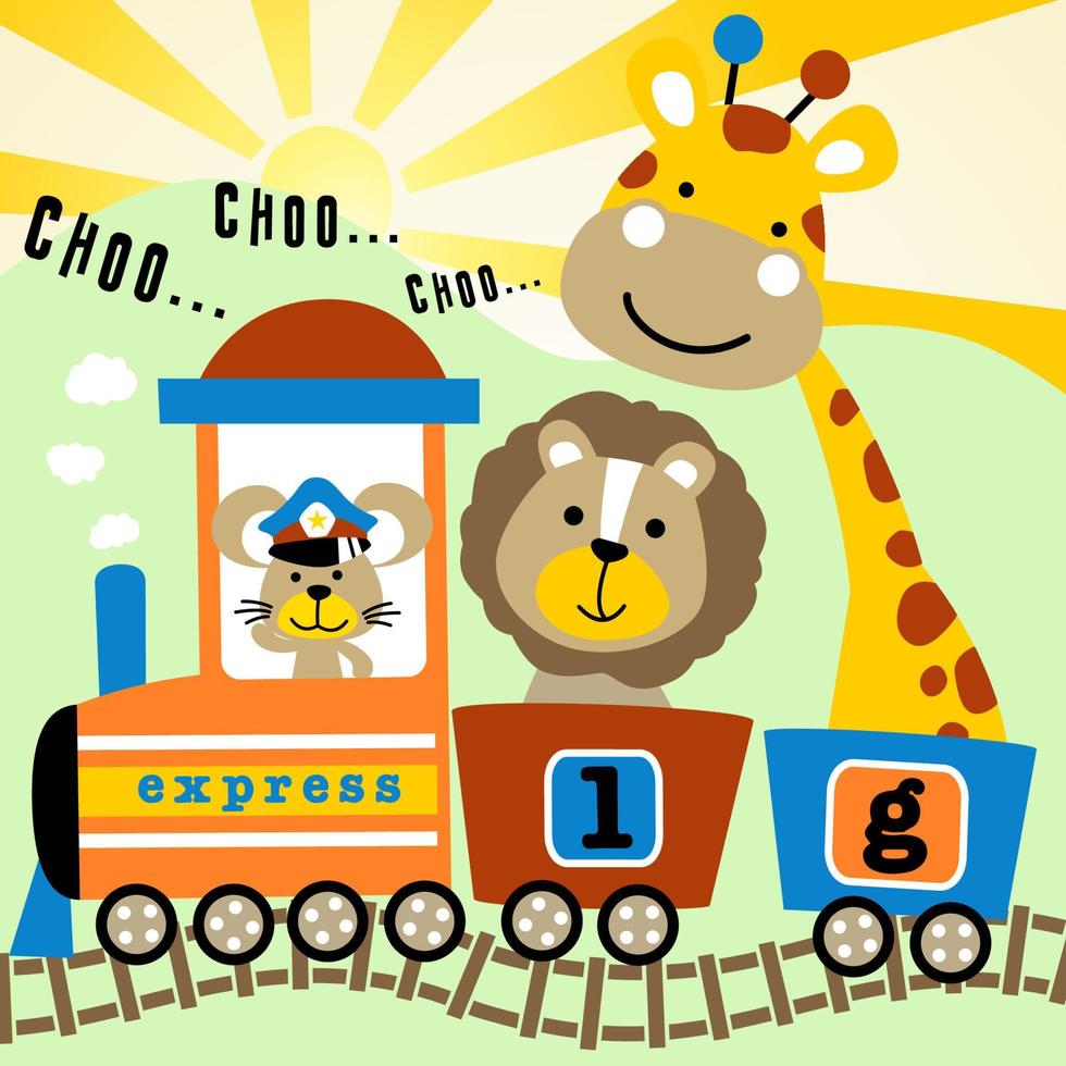 animales divertidos en tren de vapor, ratoncito el maquinista con león y jirafa en vagón, ilustración de dibujos animados vectoriales vector
