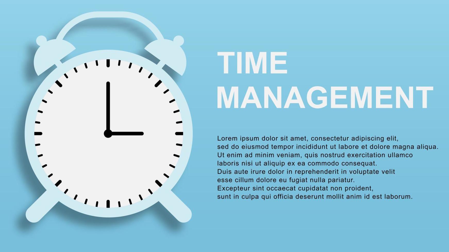 Time management concept for working time, organization and other with alarm clock on blue background. Vector illustration. EPS 10.