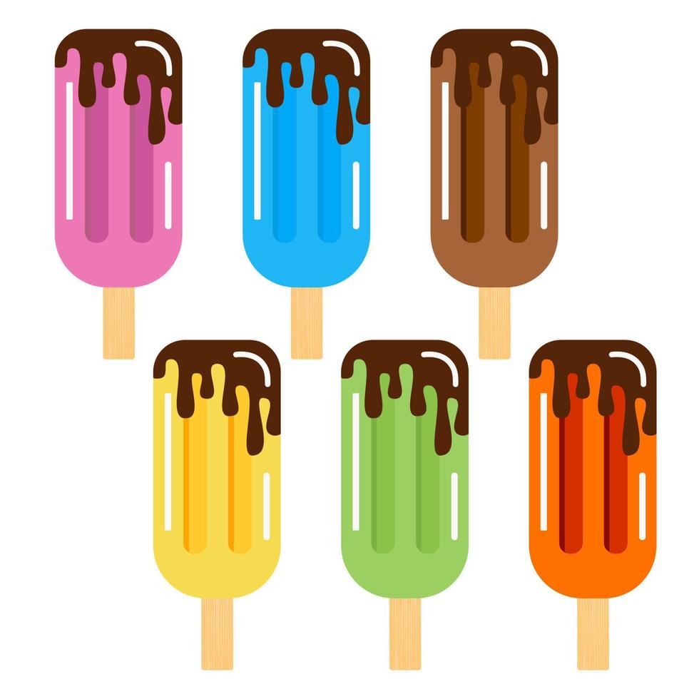 Set of ice cream with chocolate. Creamy ice cream on a wooden stick vector