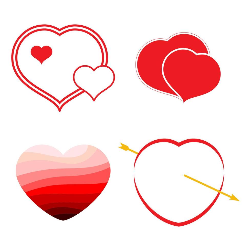 Set of four red hearts. Romantic love symbol of valentine day. Vector illustration