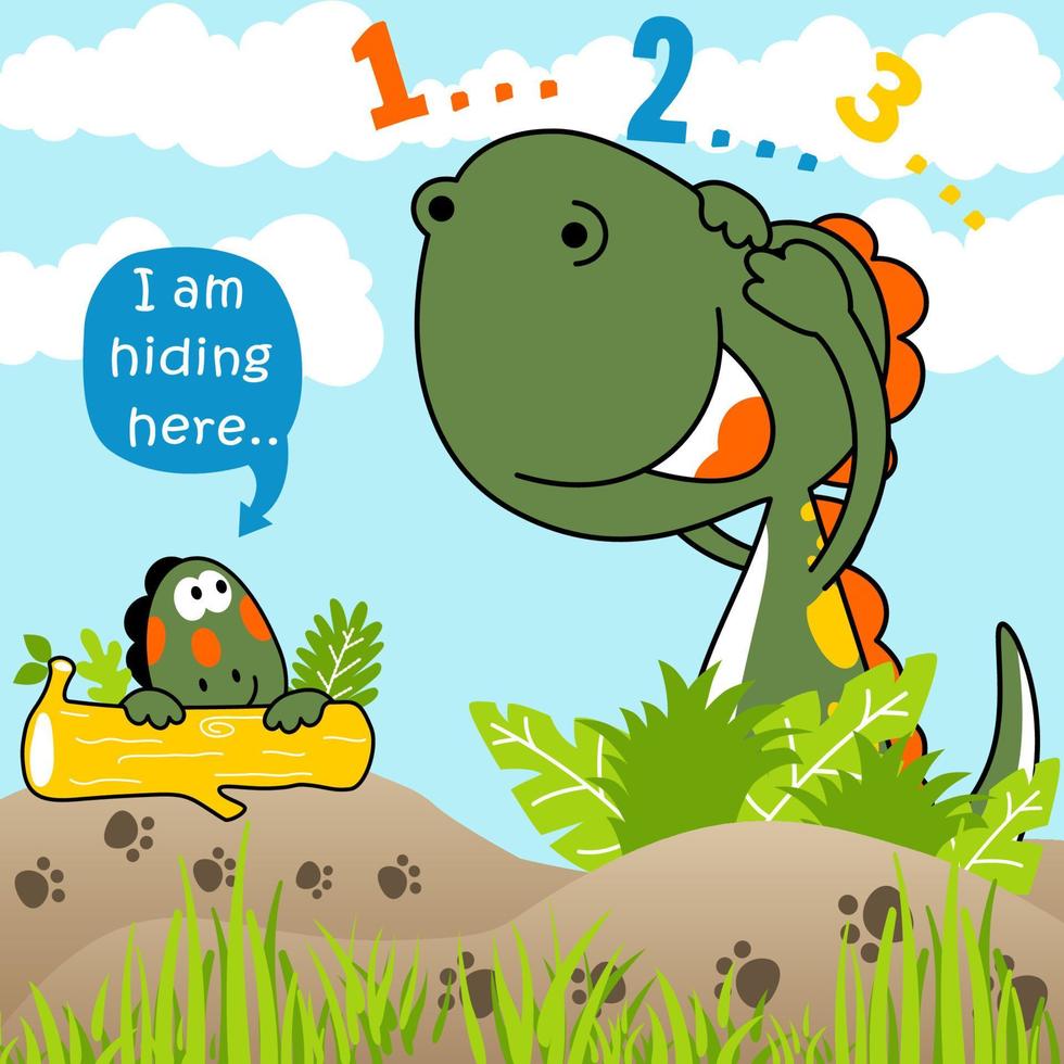 Funny dinosaurs playing hide and seek in forest, vector cartoon illustration