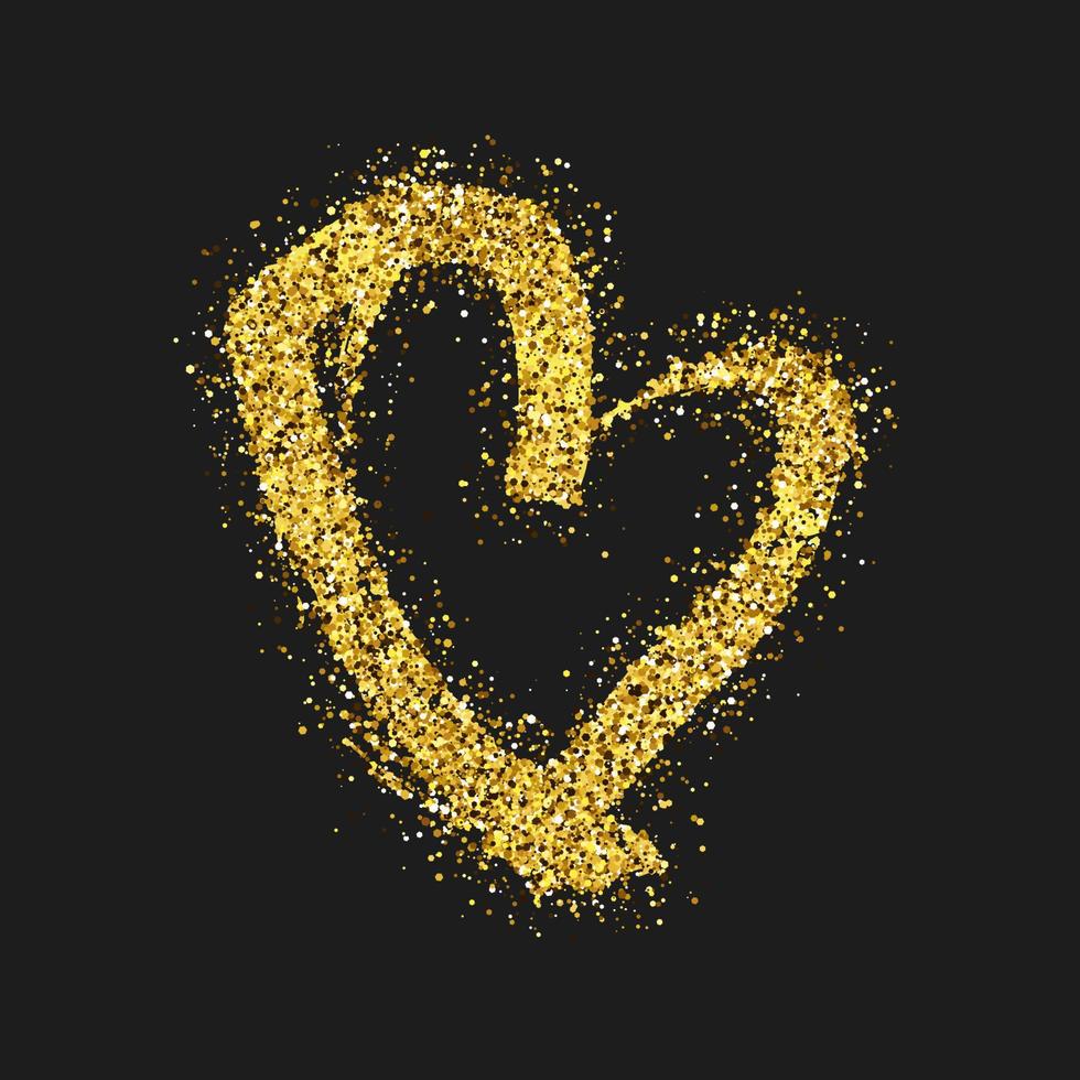 Gold glitter doodle heart on dark background. Gold grunge hand drawn heart. Romantic love symbol. Vector illustration.