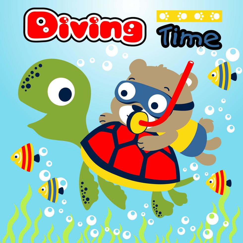 Cute bear diving with turtle and fishes, vector cartoon illustration