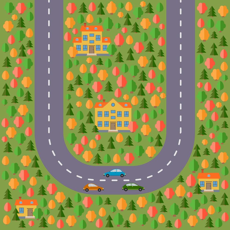 Plan of village. Landscape with the road, forest, cars and houses. Vector illustration