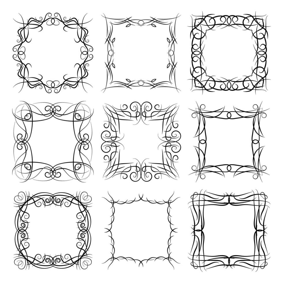 Set of nine square black monogram elements on a white background. Vector illustration.