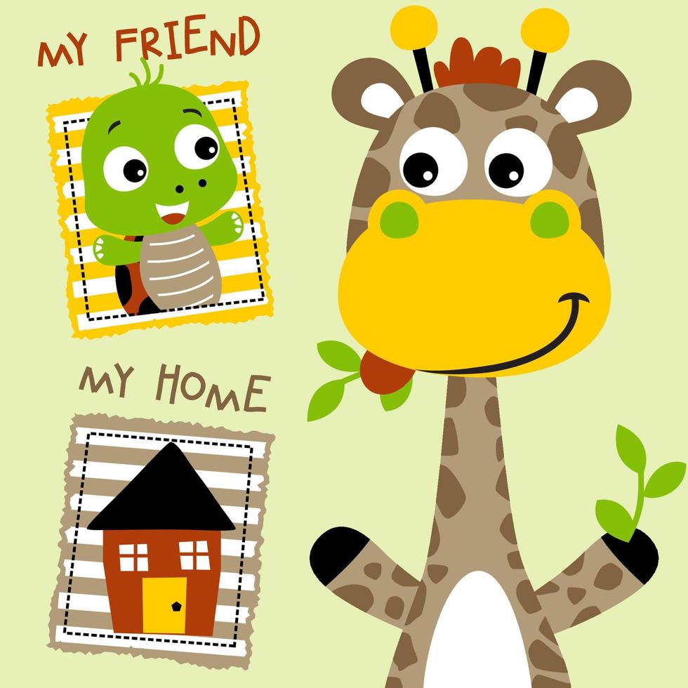 Cute giraffe eating leaf, little turtle with a house, vector cartoon illustration