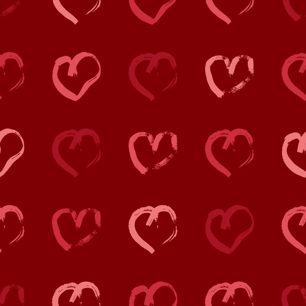 Seamless pattern with hand drawn hearts. Doodle grunge red hearts on red background. Vector illustration.