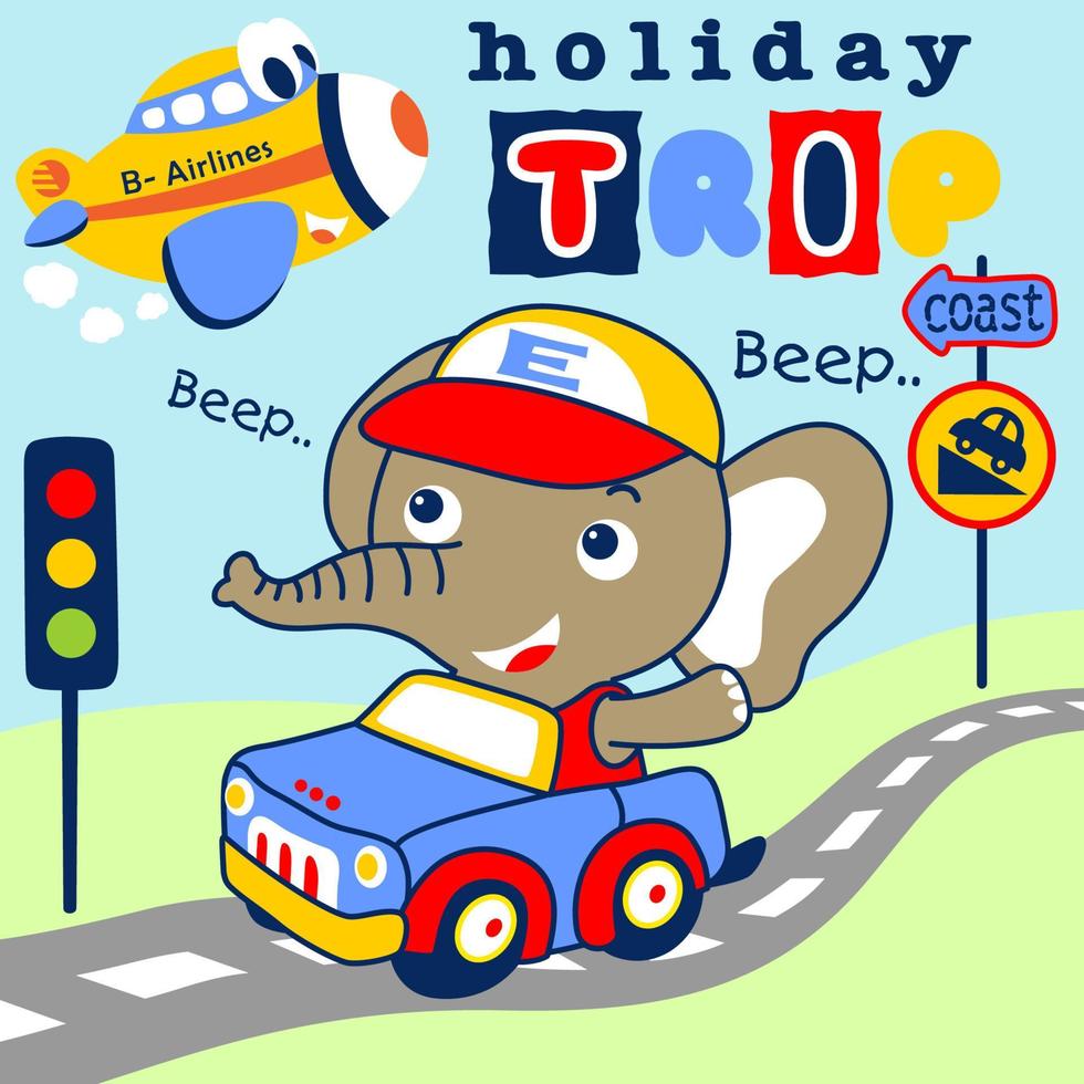 Cute elephants driving car in the road with traffic sign, funny airplane flying, vector cartoon illustration