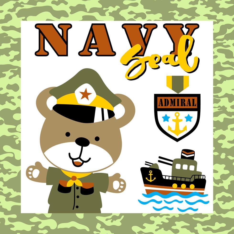 Cute bear in soldier costume with navy seal logo and warship on camouflage frame border, vector cartoon illustration
