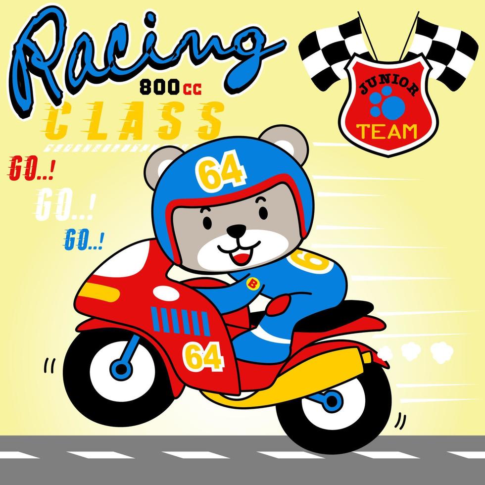 Cute bear riding racing bike, vector cartoon illustration
