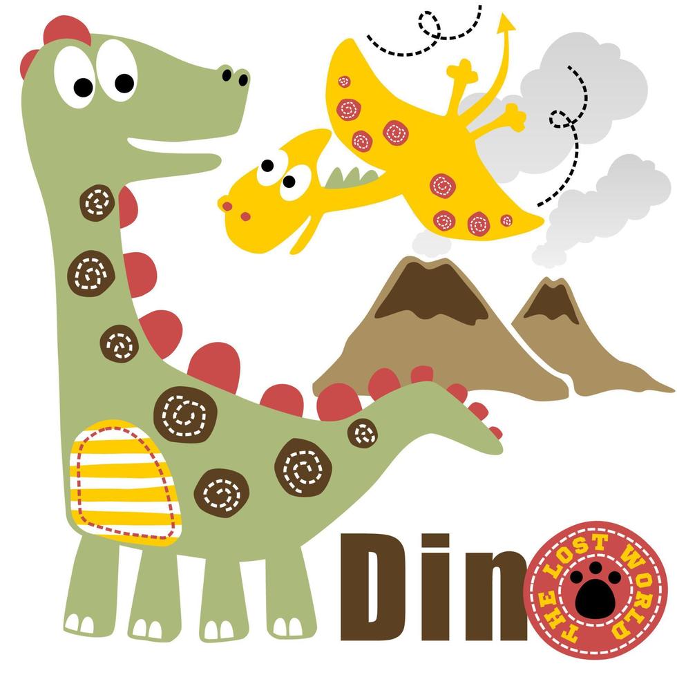 Funny dinosaurs on volcanoes background, kids t shirt design, vector cartoon illustration