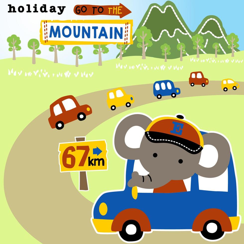 Funny elephant driving car, vehicles in road trip to mountains, vector cartoon illustration