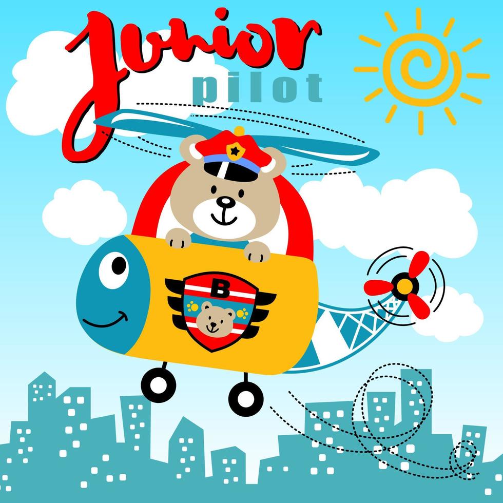 Funny bear on helicopter flying across buildings, vector cartoon illustration