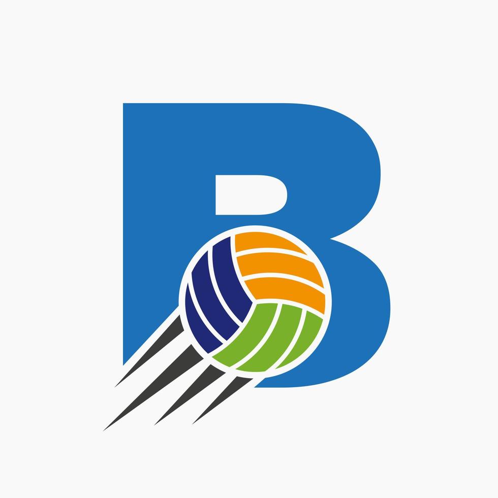 letra inicial b concepto de logotipo de voleibol con icono de voleibol en movimiento. plantilla de vector de símbolo de logotipo de deportes de voleibol