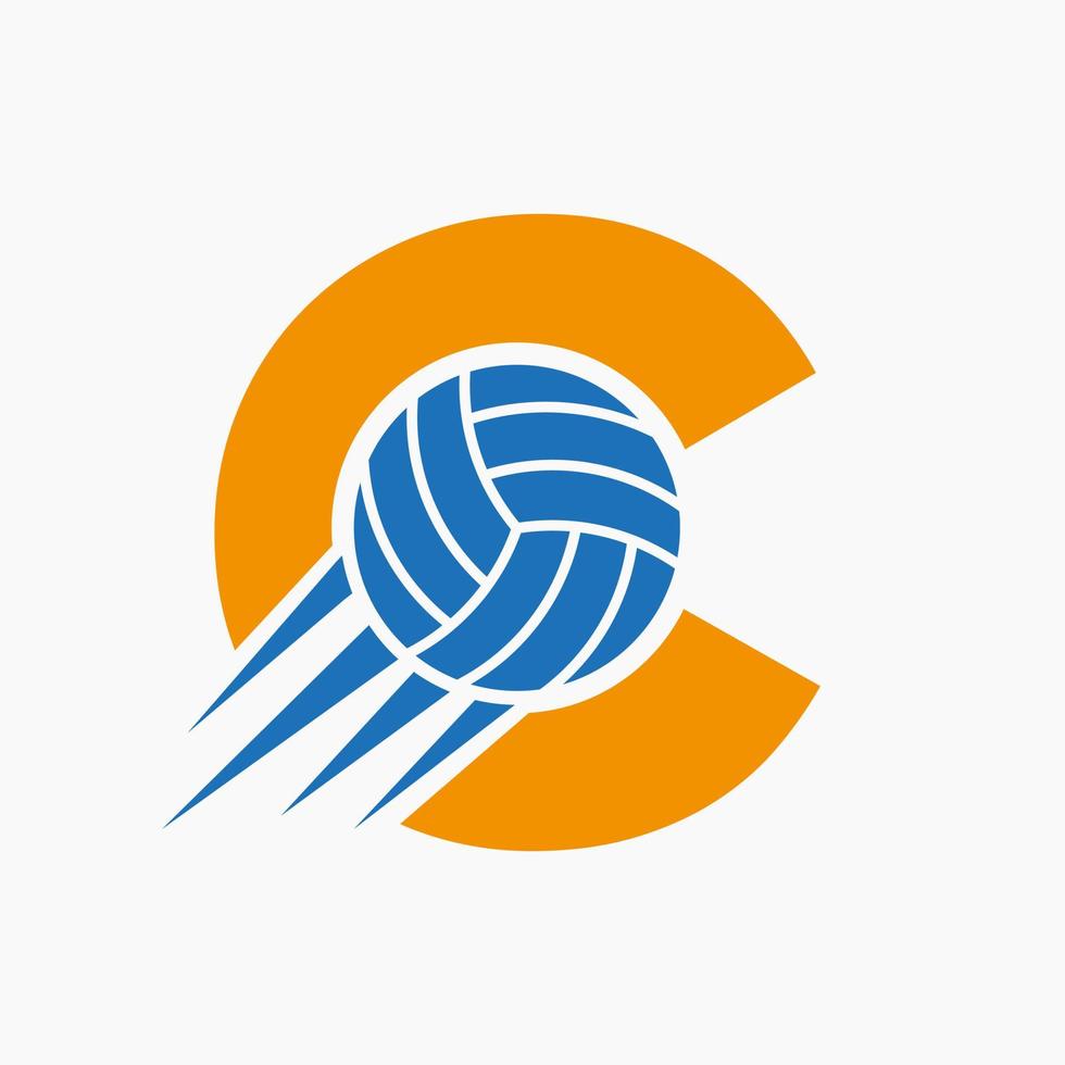 letra inicial c concepto de logotipo de voleibol con icono de voleibol en movimiento. plantilla de vector de símbolo de logotipo de deportes de voleibol