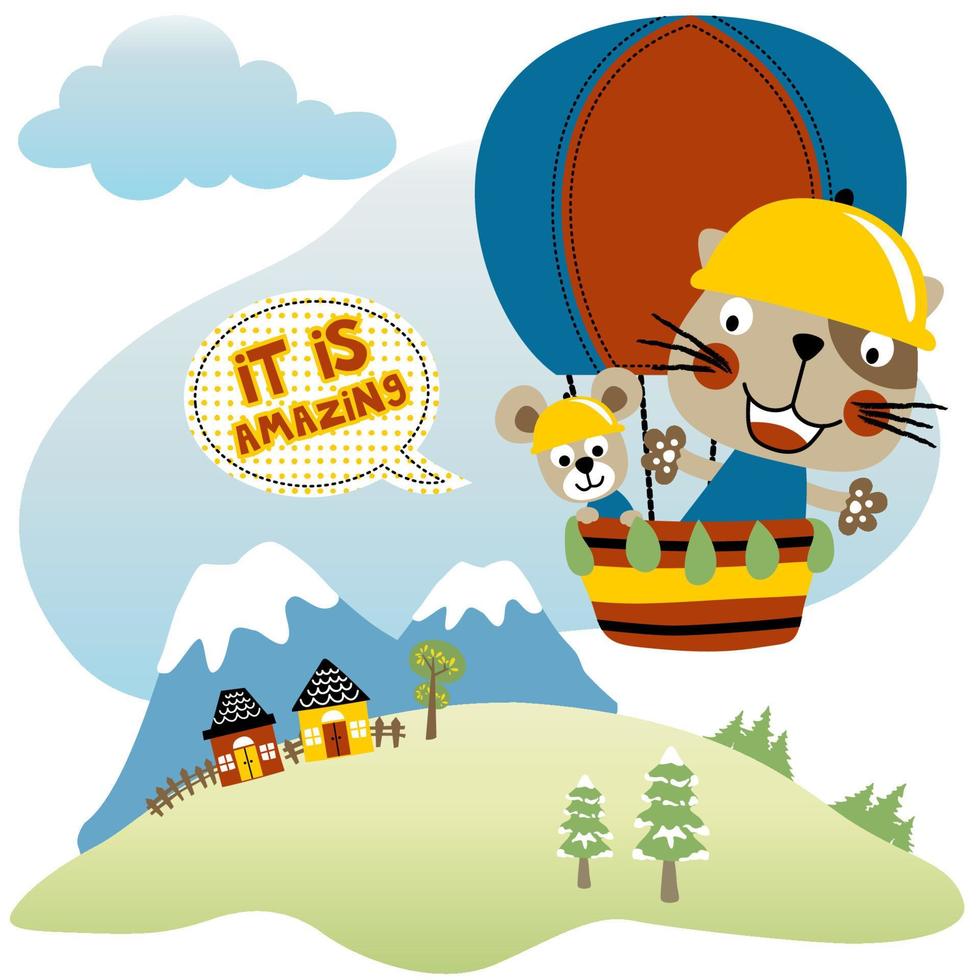 Funny cat and mice vacation with hot air balloon on mountain scenery background, vector cartoon illustration