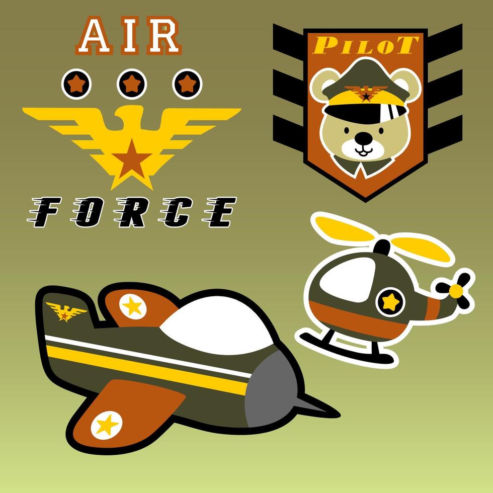 Military air vehicle with funny bear in soldier cap, military elements, vector cartoon illustration