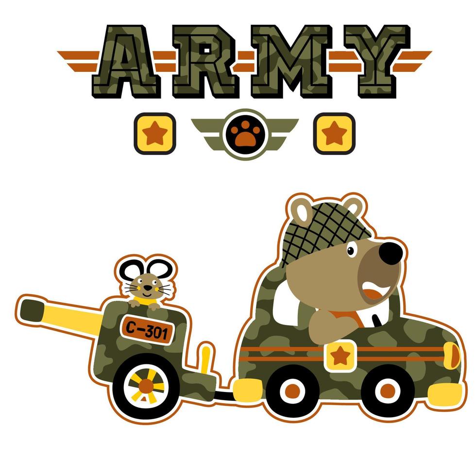 Funny bear with mice on military vehicle, military elements, vector cartoon illustration