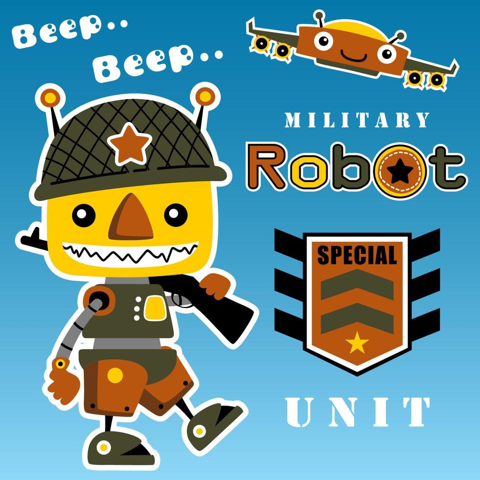 Funny military robot troops with military elements, vector cartoon illustrations